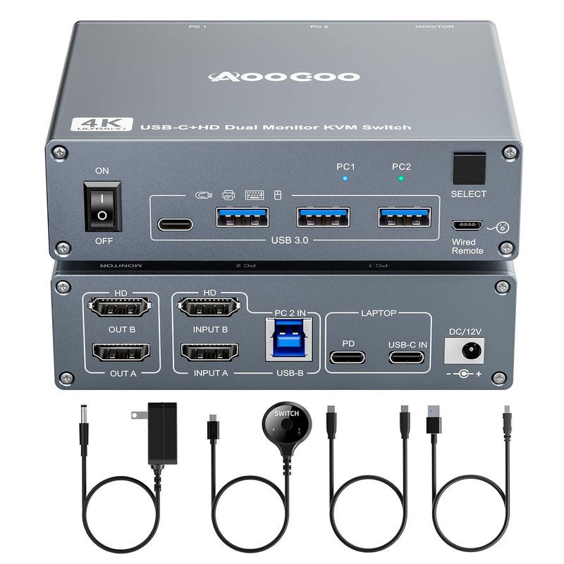 AOOCOO مفتاح KVM USB C 4K@60Hz، مفتاح USB C HDMI لشاشتين لمشاركة 1 كمبيوتر و 1 لابتوب مع 2 شاشة و 4 أجهزة USB3.0، طاقة PD للابتوب مع جهاز تحكم سلكي وكابلات USB متضمنة - Image 1